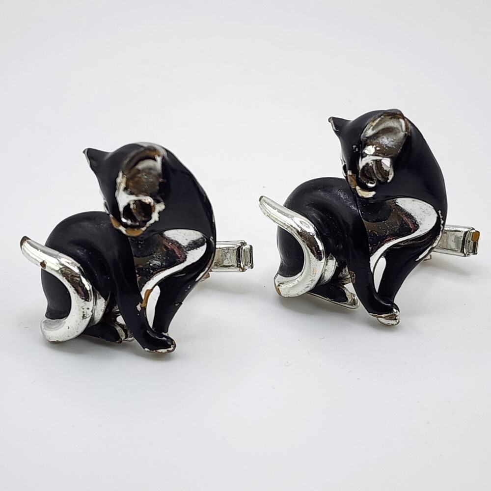 Large Black Siamese Cat Cuff Links Silver Tone Wedding Statement Tuxedo